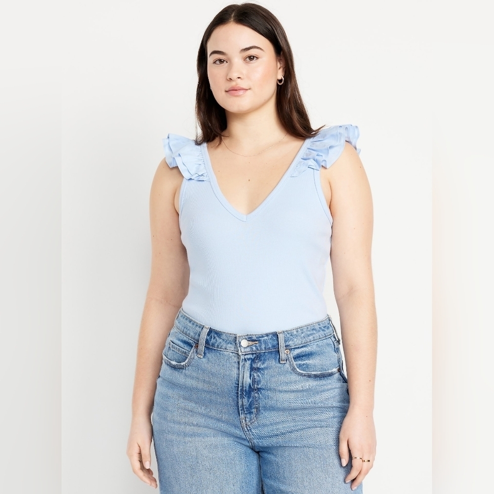 Old Navy Ruffle-Shoulder V-Neck Tank Top - Light Blue, Size XL